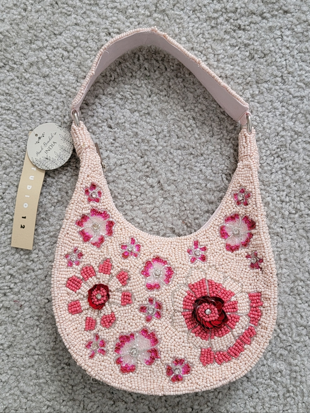 NWT Beaded Floral Pink Crescent Shoulder Bag